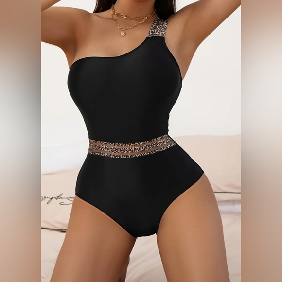 Other - Leopard Ladder Print Trim One Shoulder Swimsuit